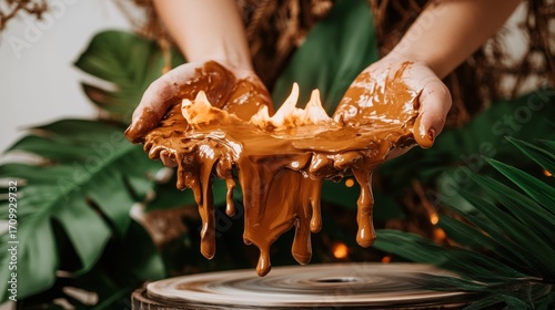 Hands Holding Dripping Clay: Artistic Pottery Creation, Earthy Tones, and Natural Greenery