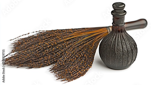 Antique Bottle and Dried Flowers: Elegant Still Life on White Background.