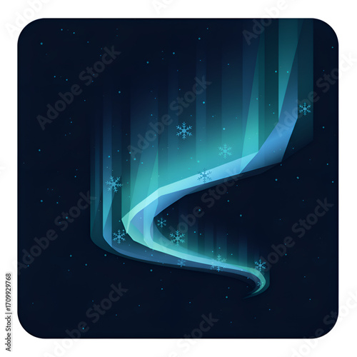 Geometric Aurora Borealis with Snowflakes in Night Sky