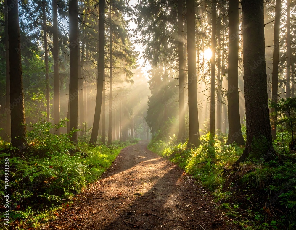 Obraz premium Sunbeams in a misty forest path