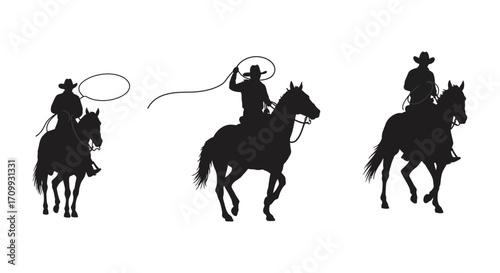 Silhouettes of cowboys on horseback practicing roping skills in a western scene