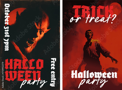 Vintage Halloween horror poster set with a werewolf and zombie
