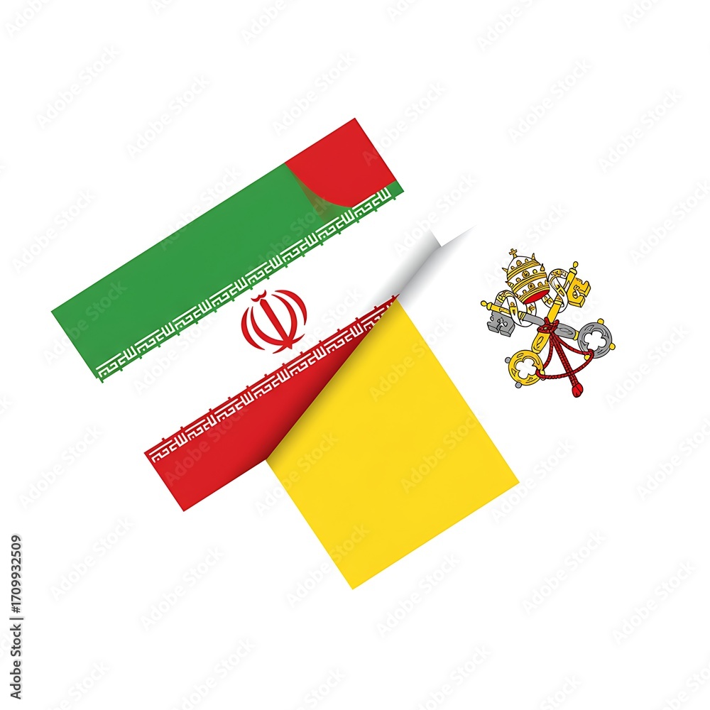 Fototapeta premium Iran & Vatican City Flags, Corner Design, Yellow Background