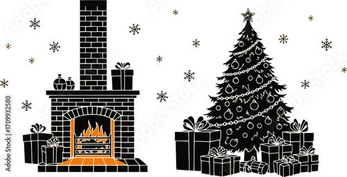 Cozy Christmas doodle illustration with fireplace gifts Christmas tree and holiday decorations vector design element