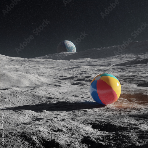 Beach Ball on the Moon – Surreal Contrast Between Play and Cosmic Silence