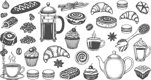 Hand drawn sketch style coffee shop set illustration of various coffees and bakery items collection