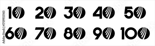 Set of collection numbers 10 to 100 with global finance element vector illustration. Global finance element with numbers 10, 20, 30, 40, 50, 60, 70, 80, 90, 100 for greetings, anniversary and more.	