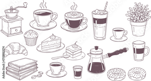 Hand drawn sketch style coffee shop set illustration of various coffees and bakery items collection