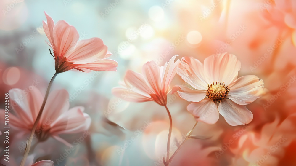 Delicate Pink Cosmos Flowers Bathed in Soft Morning Sunlight with Dew Drops