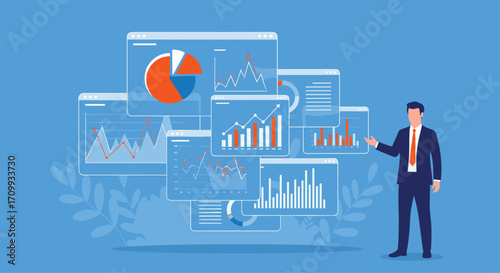 Businessman presenting financial data and business analytics on futuristic digital screens with charts and graphs