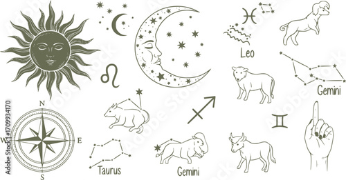 Mystical celestial elements hand drawn set sun moon zodiac constellations compass and pointing hand