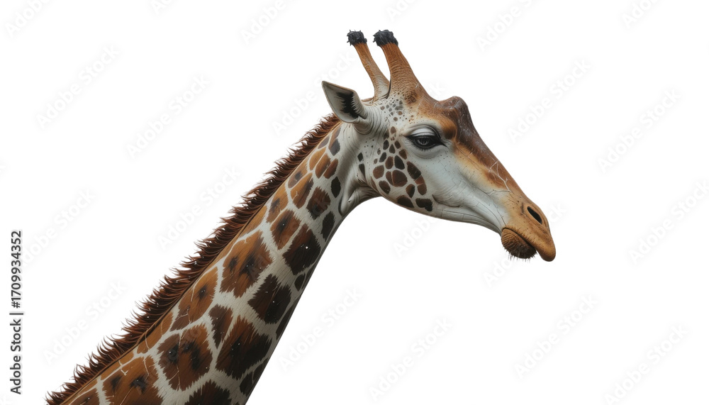Naklejka premium Cute brown spotted giraffe with a long neck and big head in a portrait style, isolated on a white background for wildlife and zoo content