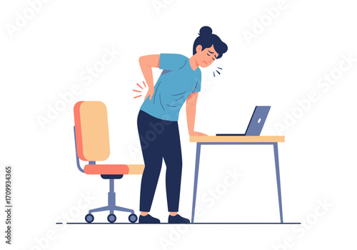 Vector art of woman experiencing back pain while working at her desk