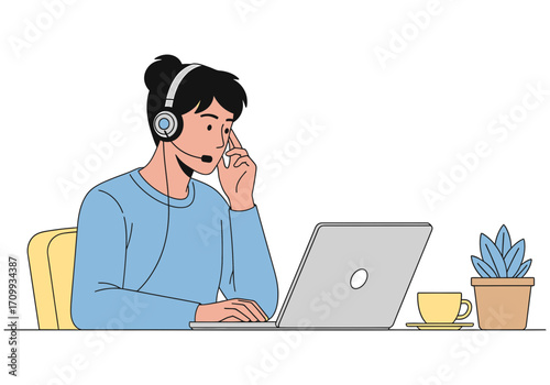 Vector art of a woman with a headset is working on her laptop, looking stressed and concerned