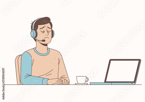Vector art of a man with a headset is working on his laptop, looking tired and unmotivated