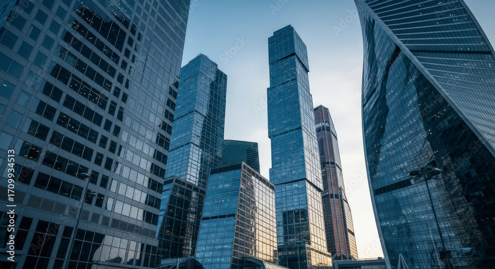Obraz premium Dramatic Low Angle View of Modern Glass Skyscrapers Against Light Blue Sky in Urban Cityscape with Architectural Symmetry and Dark Tones