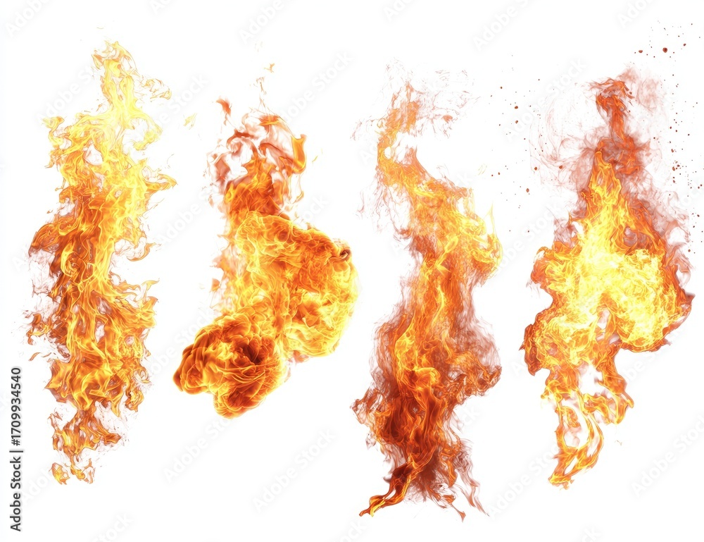 Obraz premium Four isolated flames against a white background, exhibiting various forms and textures of orange-yellow fire
