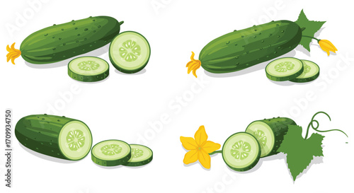 Fresh cucumbers with sliced pieces and yellow blossoms a vibrant still life
