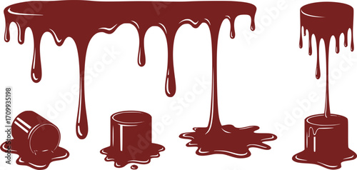 Silhouette dripping paint or black liquid melting, vector illustration set isolated on a white background.