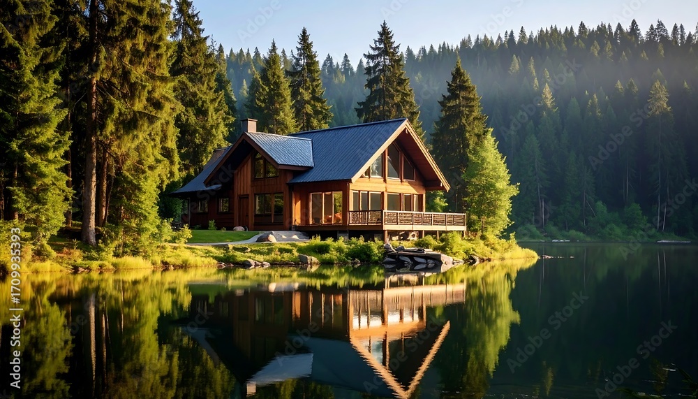 Fototapeta premium Rustic Lakeside Cabin Serene Lodge in Natures Embrace with Lake Reflections.