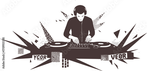 monochrome vector edm dj music in mezzotint photocopy effect, for grunge punk y2k collage design. disco microphone headphone retro elements.