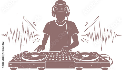 monochrome vector edm dj music in mezzotint photocopy effect, for grunge punk y2k collage design. disco microphone headphone retro elements.