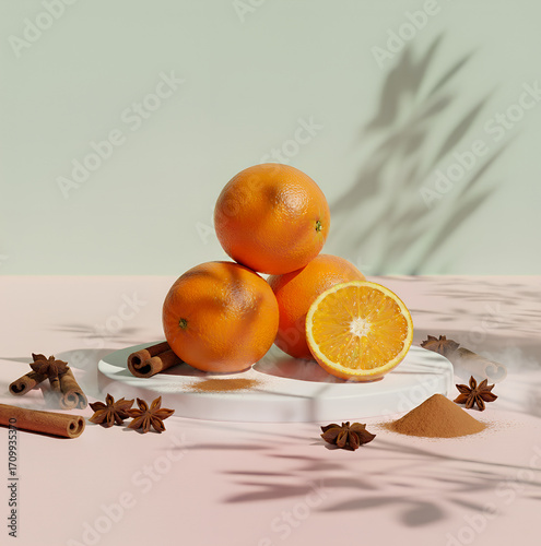Oranges on a promotional stand with cinnamon and anise