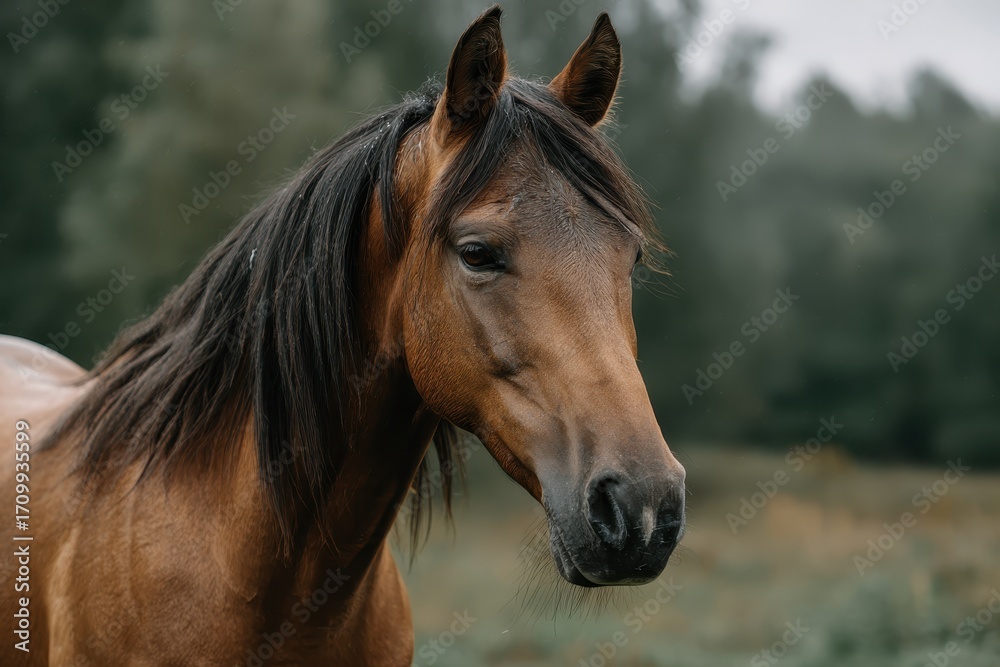 Fototapeta premium Brown horse stands majestically against a natural backdrop in a serene and tranquil environment showcasing its beauty and grace in the early morning light