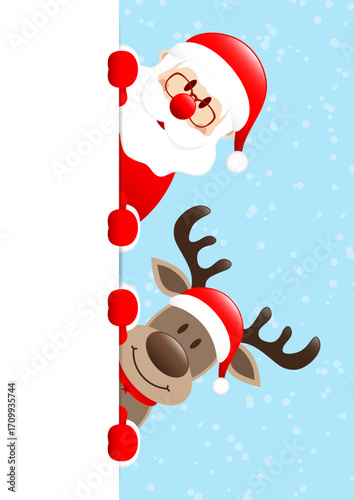 Weihnachtsmann Und Rentier Banner Rechts Schnee Hellblau