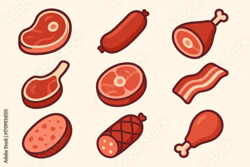 Colorful Meat Icons – Vibrant Vector Set of Meat Cuts, BBQ, Sausages & Butchery Symbols for Food & Restaurant Design