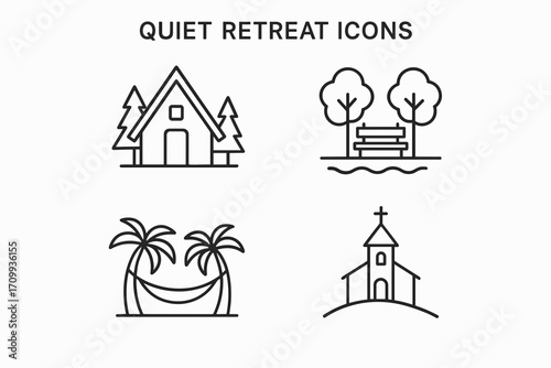 Quiet Retreats Icons – Serene Vector Set of Nature Lodges, Mindfulness Spaces & Peaceful Getaway Symbols
