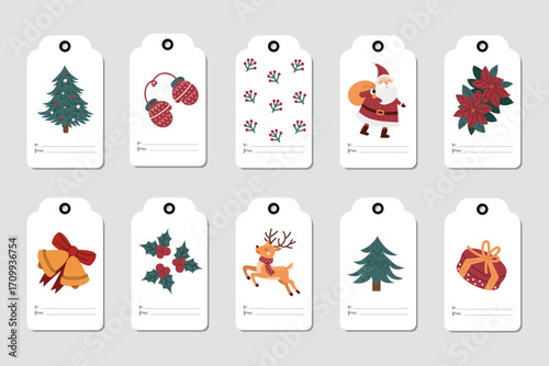 Christmas gift tags collection with festive elements. Grey isolated background.