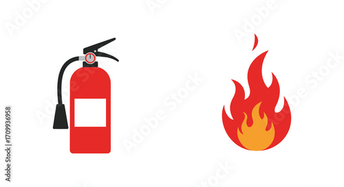Fire safety illustration featuring a red extinguisher and burning flames image