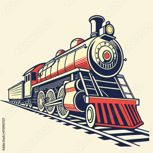 Vector illustration of a vintage steam train engine on a railway track