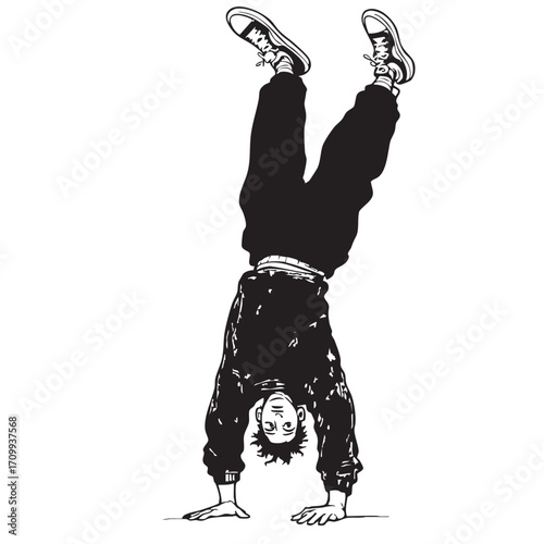 Handstand Silhouette Vector — Black and White Illustration of Casual Athlete Balancing Upside Down in Dynamic Urban Pose
