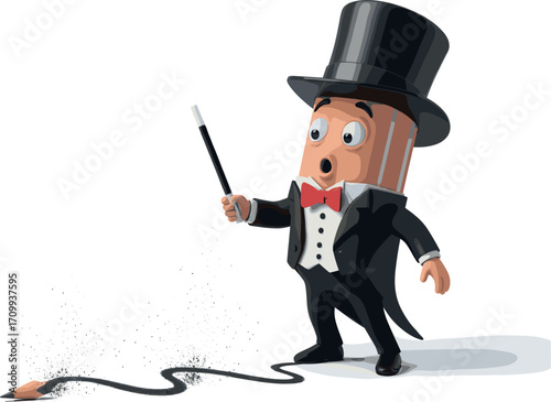 Cartoon pencil magician in tuxedo performing magic trick