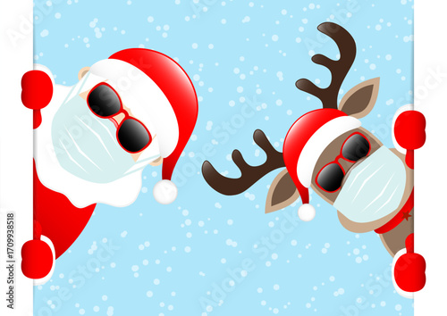 Weihnachtsmann Und Rentier Maske Mit Sonnenbrille Banner Innen Schnee Blau