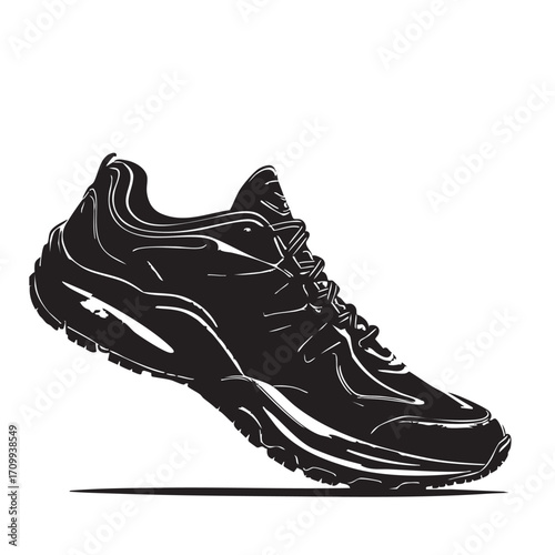 Athletic Sneaker Silhouette Vector — Black and White Side Profile of Sport Shoe with Laces, Tread Detail, and Dynamic Angle