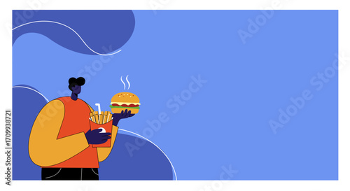 Minimalist illustration of a person walking with a shovel, representing work, gardening, or cleaning concepts against a serene purple background. Ideal for lifestyle and business visuals.