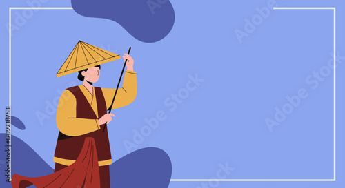 Person in traditional Asian attire and conical hat, holding a staff, against a vibrant blue background with abstract shapes. Symbolizes culture, travel, and heritage.