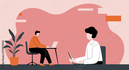 Two people collaborate remotely using laptops in a modern, minimalist work environment, symbolizing digital connection and productivity.