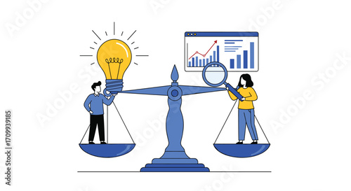 Balancing ideas and data analysis people charts on a scale business concept