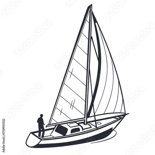 A vintage wooden sailboat sails the ocean with its mast and sails in the wind, isolated on a white background