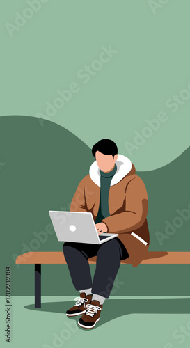 Modern senior man in a hoodie and glasses sits comfortably, using a laptop for work, learning, or staying connected. Represents active retirement, technology adoption, and remote lifestyle.