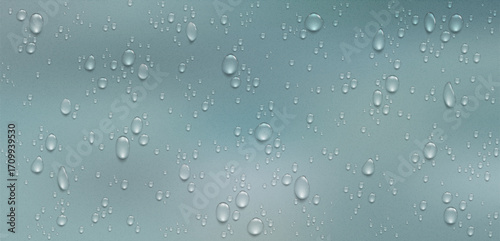 Realistic vector background of water drops on glass surface. Condensation pattern with transparent dew effect, perfect for fresh clean design and cosmetic themes.