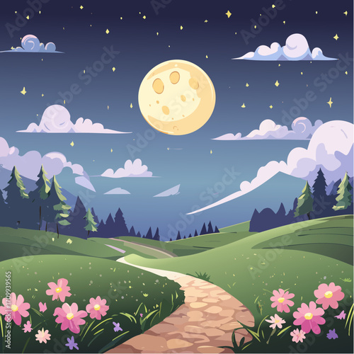 Whimsical Night Landscape with Path, Moon and Flowers