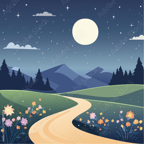Whimsical Night Landscape with Path, Moon and Flowers