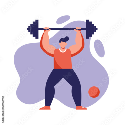Strong man performing overhead weightlifting with a barbell, symbolizing power, fitness, and a dedicated healthy lifestyle. Ideal for sports and gym promotions.