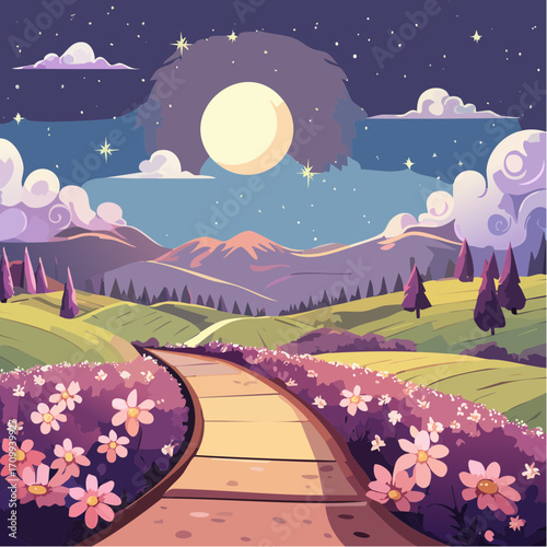 Whimsical Night Landscape with Path, Moon and Flowers