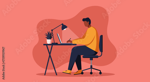 Man working focused on laptop at a modern home office desk. Illustrates remote work, online learning, creativity, and productivity in a contemporary digital environment.